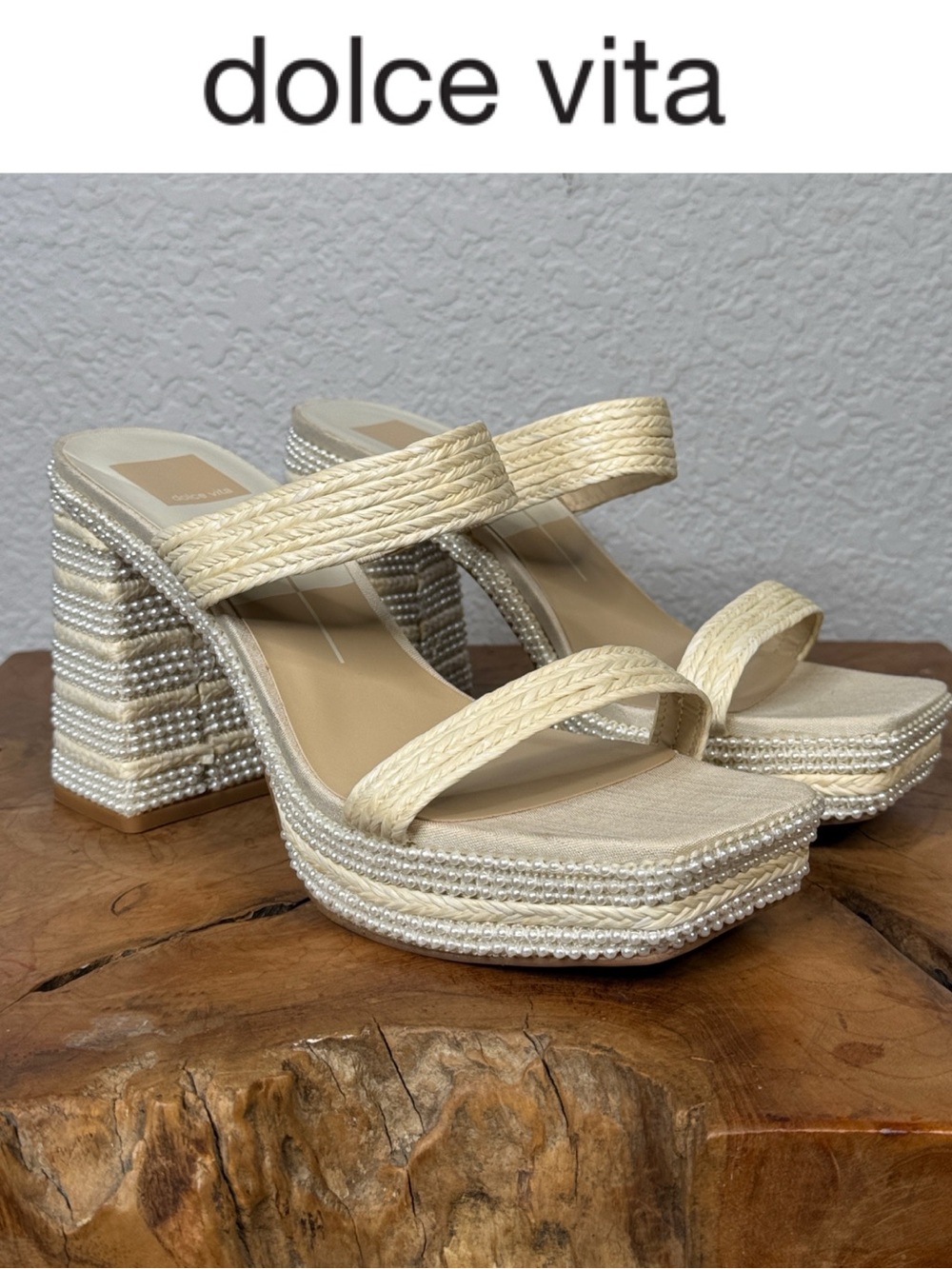 DOLCE VITA ALANI FAUX PEARL RAFFIA PLATFORM BLOCK HEEL SANDALS SIZE 9 **NWT** - Picture 1 of 14